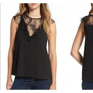Wayf Andrea Blouse Women Sz S Black Sleeveless Chiffon Lace Detail Gothic